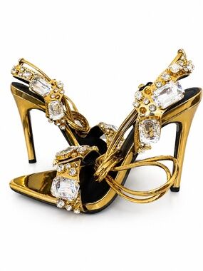 Gold Rhinestone Lace-Up Stiletto Heels Pointed Toe Sandals